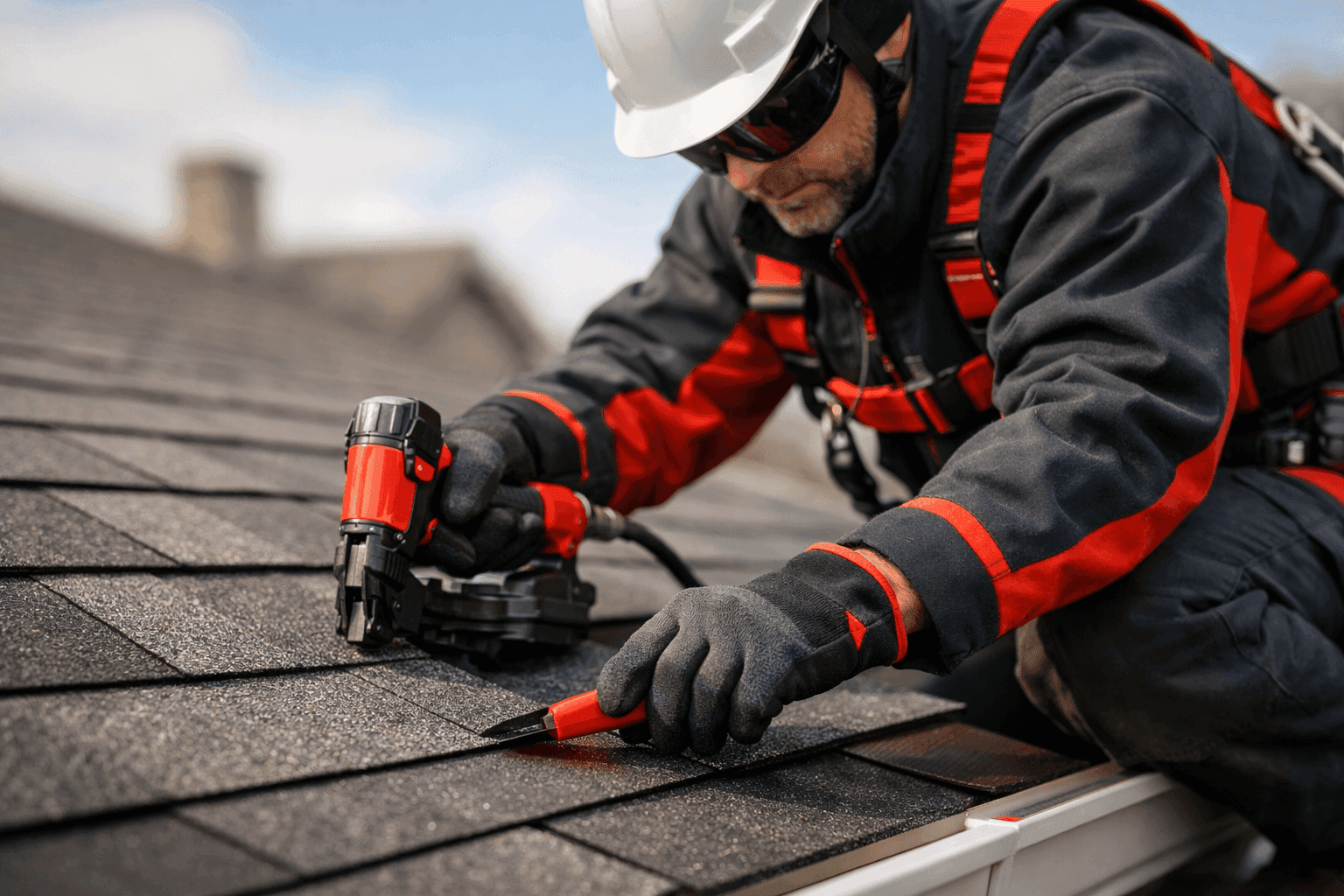 Residential roofing professional wearing safety gear working on a clean roof handling roofing tools.