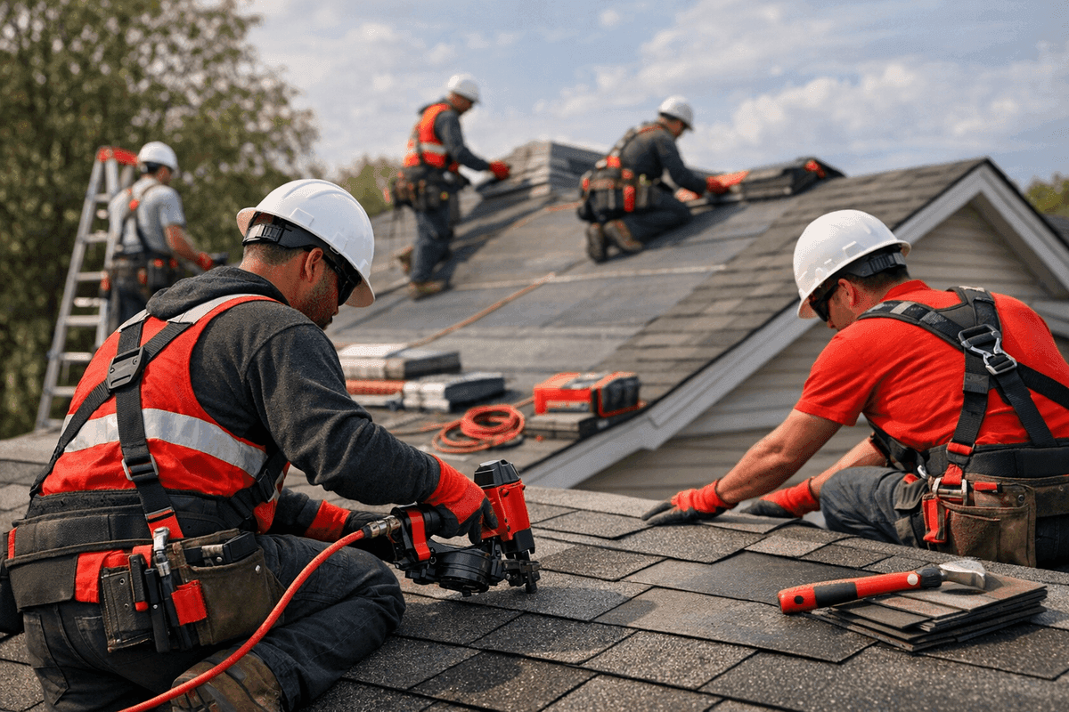 Close-up of roofer’s gloved hands aligning red shingles on a residential roof safely.
