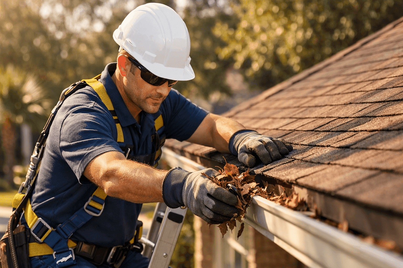 Roofing technician cleaning gutters on a Jacksonville home surrounded by trees