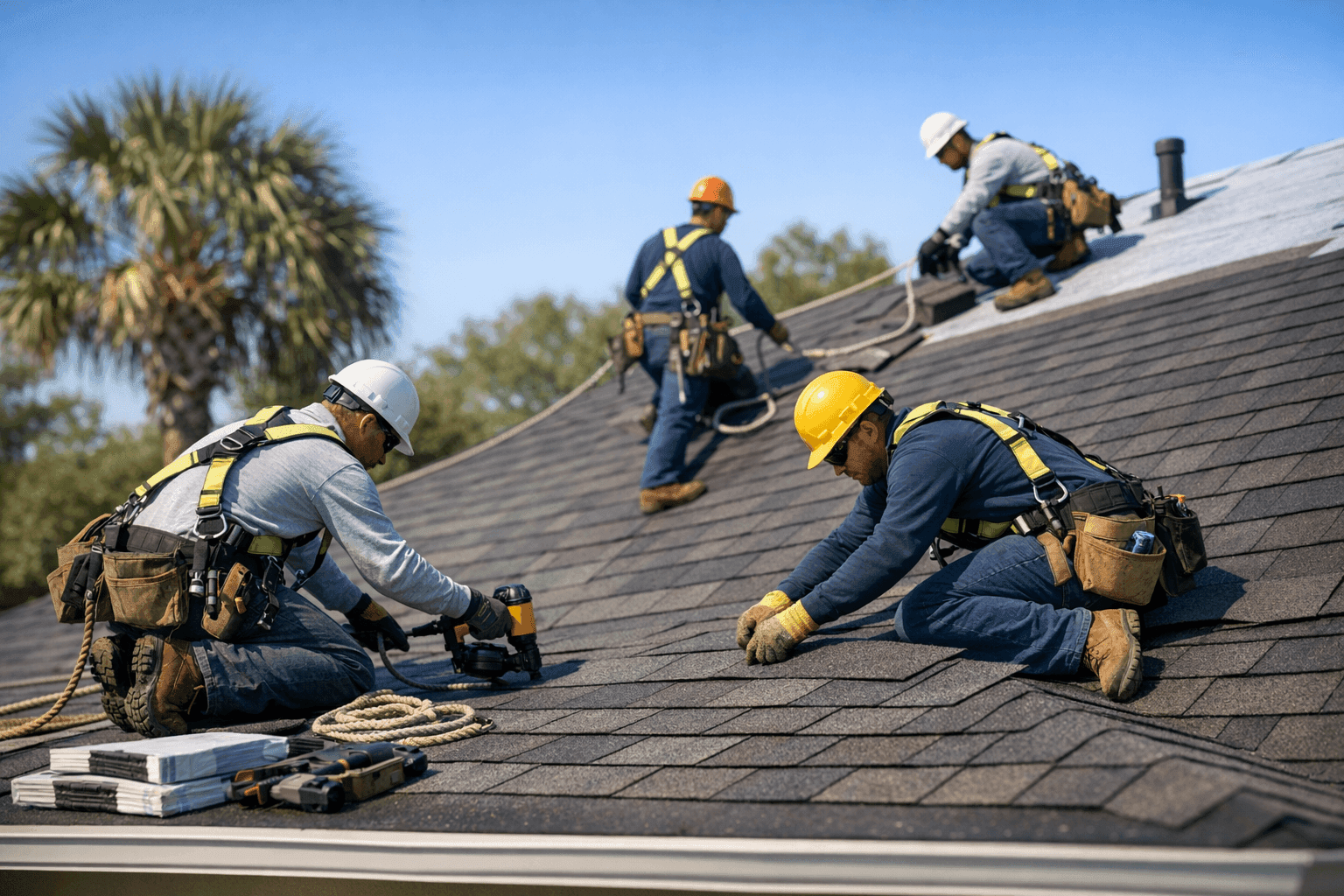 Roofers installing new shingles on a Jacksonville home with blue sky background